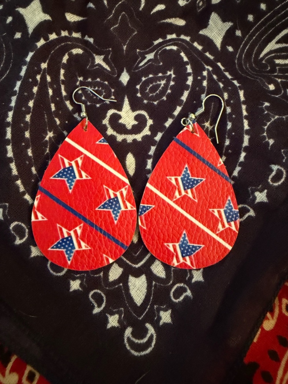 Red Star Teardrop Leather Earrings - Patriotic Print